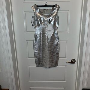 Herve Leger Metallic Silver Bandage Mini Dress